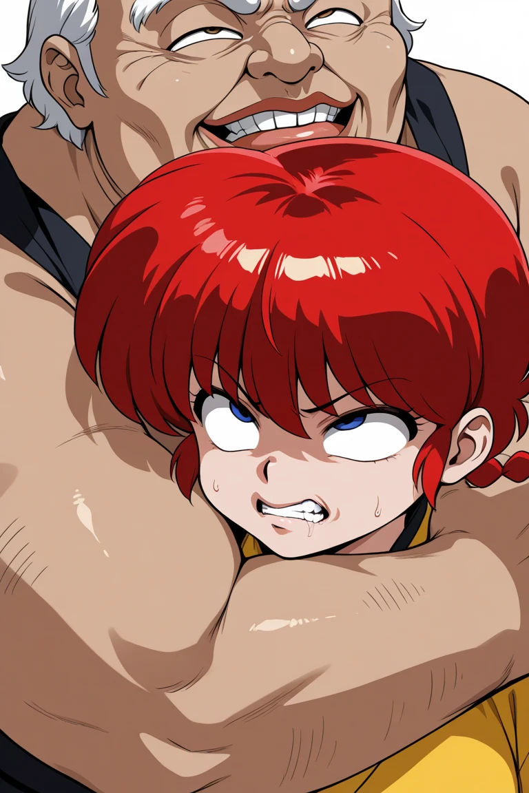 Ranma21, a girl, red hair, braid, single braid, long hair, braided ponytail, naked, doggystyle sex, bald gangster, on all fours, slim, street