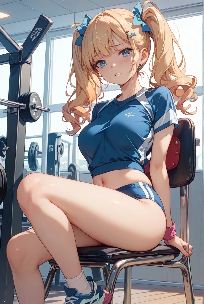 a girl straddling gym cycle saddle cushion, dolphin shorts,
