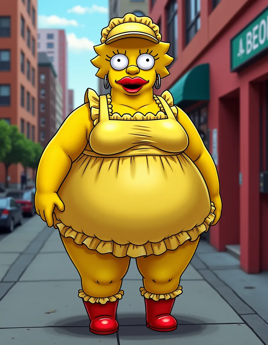 A thick and curvy female, blonde curly hair, big blue eyes, wearing a lightblueeyemask, showing her huge tits, wearing a lightbluecape, nude, wearing lightbluewrestlingboots, in the city, day