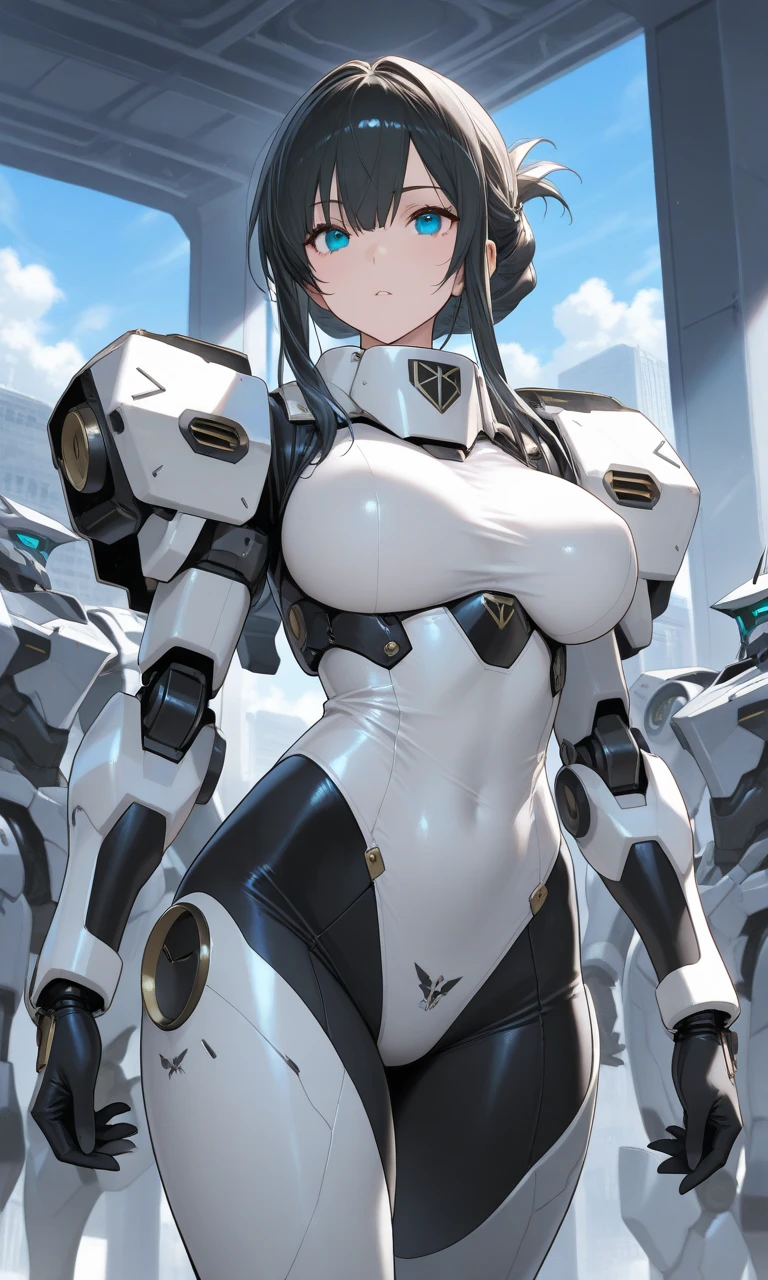 masterpiece , best quality , 1 sexy girl , solo , full body tight suit and bowtie , (covered nipples:0.9) , (gigantic tits:1.2) , (thick arm:1.1) , thick thigh , gigantic hip , (gold hair:1.1) , short hair , (plump:1.1) , robot joint , robot shoulder , embedded in machinery , lying on small sci-fi cockpit , surrounded by sci-fi machinery and monitor , folded , cable attached to the whole body ,spread legs , ahegao ,muscular , suit and tie, formal suit uniform, big shirt collar, formal white dress shirt, formal suit coat, huge giant red bowtie, formal suit clothing, high collar