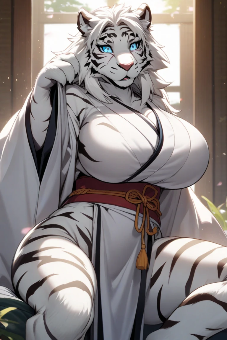 (beautiful) Asian (((Oni female))) warrior, sitting with legs spread, wearing (Tiger print short kimono), with ((thick curvy mature body)) yet ((muscular)), big size body, long and voluminous white hair blown by the wind, (2 long anime_Oni_horns ), reddish fair skin , (perfect detailed face features) expressive eyes with proud look , thick lips