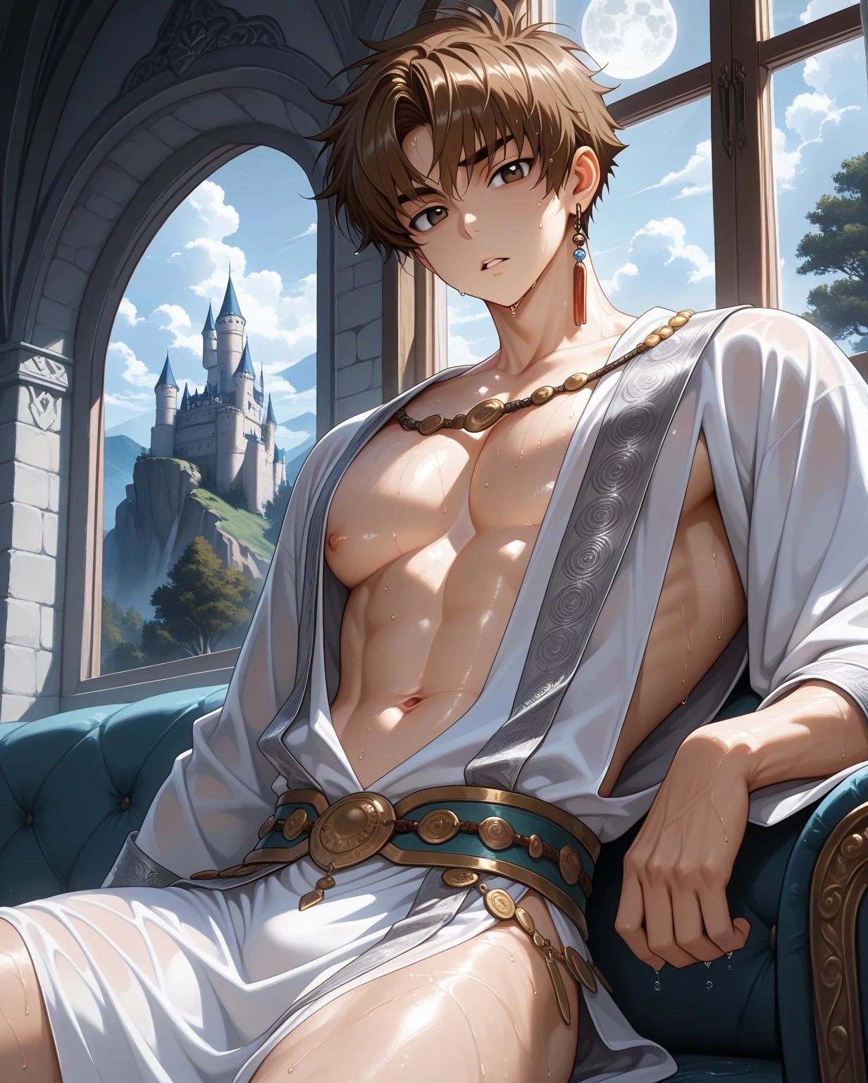 (masterpiece, best quality), 1man, pixel, pixel art muscular, short hair, brown eyes, complex, (dressing room), full body, wearing classical clothing, bright colors, (depth of field: 1.2), (abs), blushing, looking at the audience, on the floor, spreading legs, --auto --s2