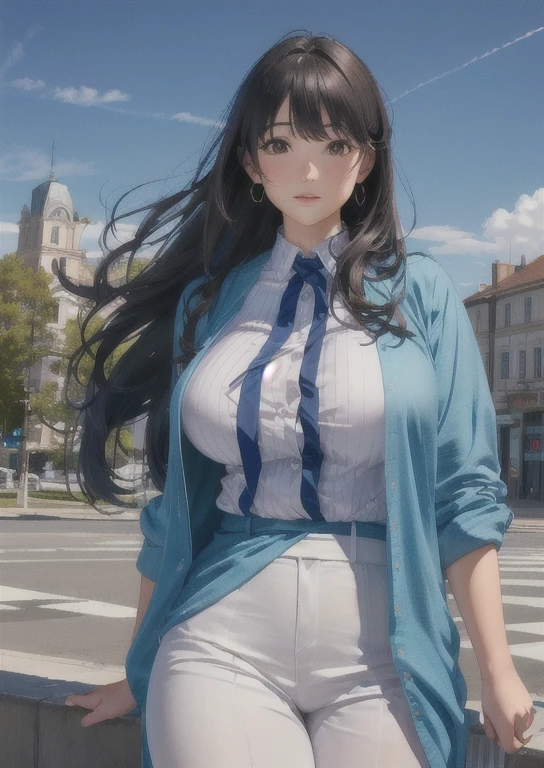 (((perspective: table closer, Distant people))), (droopy eyes, shame, realistic skin, open your mouth), angle from table, (unbuttoned shirt, pencil skirt), ((Masturbation while standing with the vertical edge of the table against your crotch)), Downtown terrace seating, street, shop, angle from below,