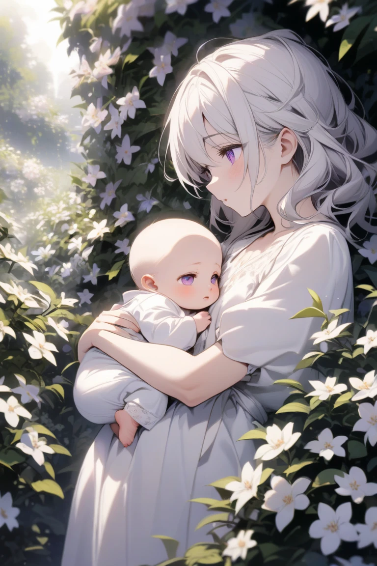 realistic, 1girl, 1 , white hair, purple eyes, glowing eyes, crop top, short skirt, parted lips, blush, night, flowers, sun, sunlight, with a little boy her lap, holding his body