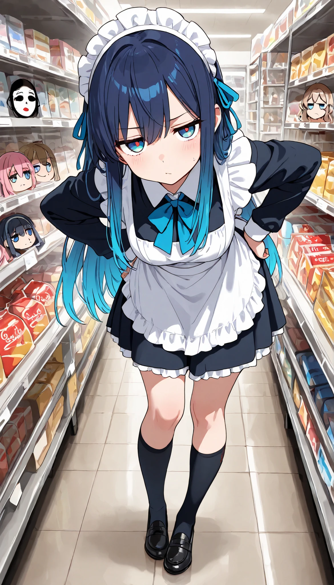 best quality, masterpiece, high quality, 4K, woman, maid, icon, glad, flushed face, flushed cheeks, bending over, looking at viewer, long hair, blue hair, two-tone hair, gradient hair, blue eyes, gradient eyes, eyes open, jitome, fair skin, school uniform, hair ribbon, mask, in the shop, full body shot