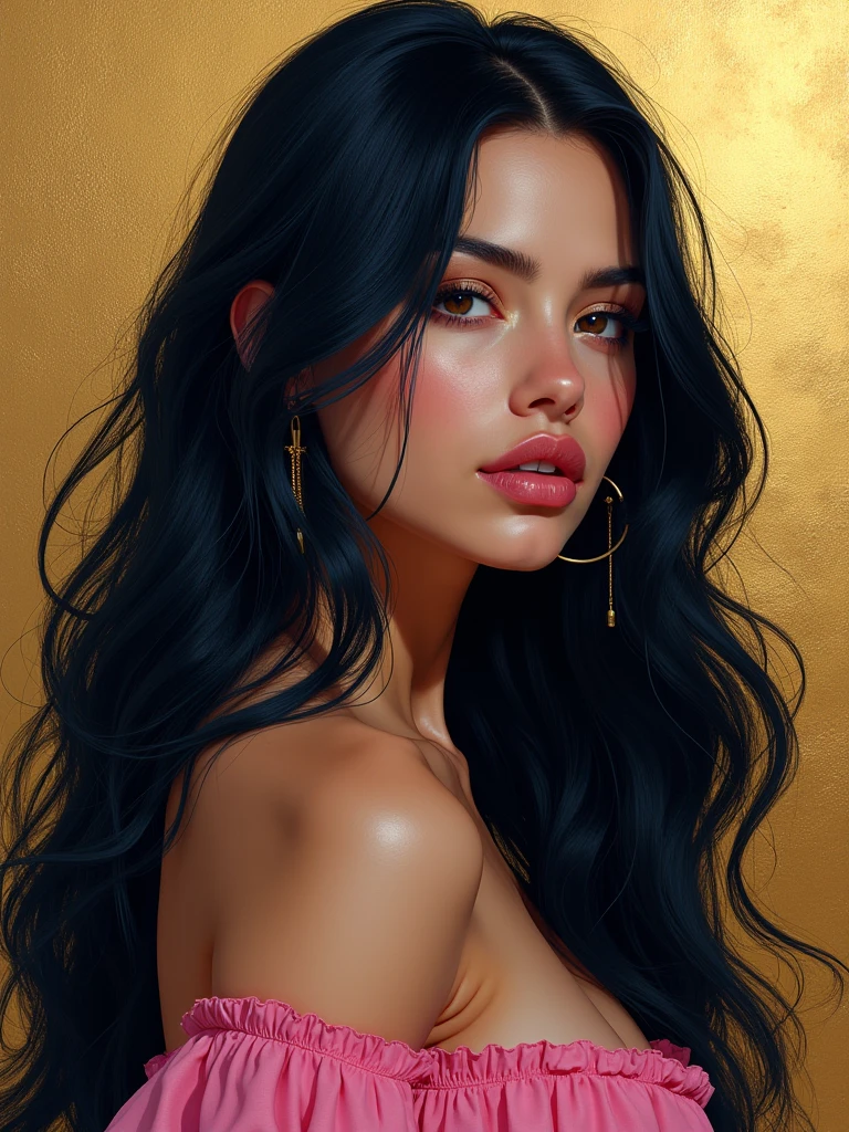 According to my features create a picture. I am 1:52, weight 132 lbs. slim body, I am light brown skin , My hair is black and my cut is in long layers to the waist, My nose is pretty and proportioned, My lips even with the cupid's bow marked, My eyes are big but slanted, My eyebrows are thick but defined, angelic face, I like to be completely naked, nude from head to toe, I like to walk with my nails painted white. My features are Latin Mayan. Hondurans. Warm tone makeup, brown painted lips. My forehead is short. I have a subtle red mole on my forehead in a V shape. My teeth are very symmetrical, Only my upper teeth are visible when I smile. Draw your full body and without clothes.