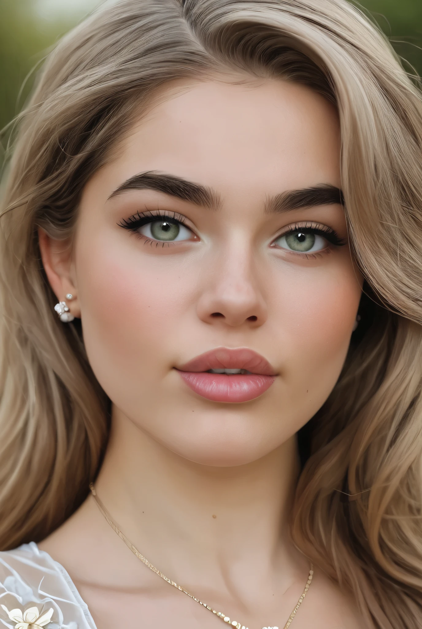 A young girl with expressive facial features, ultra-textured (goosebumps) fair skin and long light-brown hair. She has large light eyes with natural make-up, neat eyebrows and delicate lips of a natural shade. The face is oval with soft contours. The look is calm and confident, creating a feeling of goodwill and openness. The style of clothing is simple and elegant, emphasizing natural beauty.