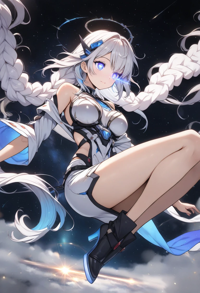 (ultra extreme details),(masterpeace),(hyper extreme),(Photorealistic),CG,(colours:1.2),1girll, Solo, Haruka Takamori, Blue eyes, White hair, white hair ribbon, magical girl, white apparel, white thigh highs, White skirt, moderate breast, Look at the viewer, Rained, sky, 废墟, Burning City, Cyberpunk