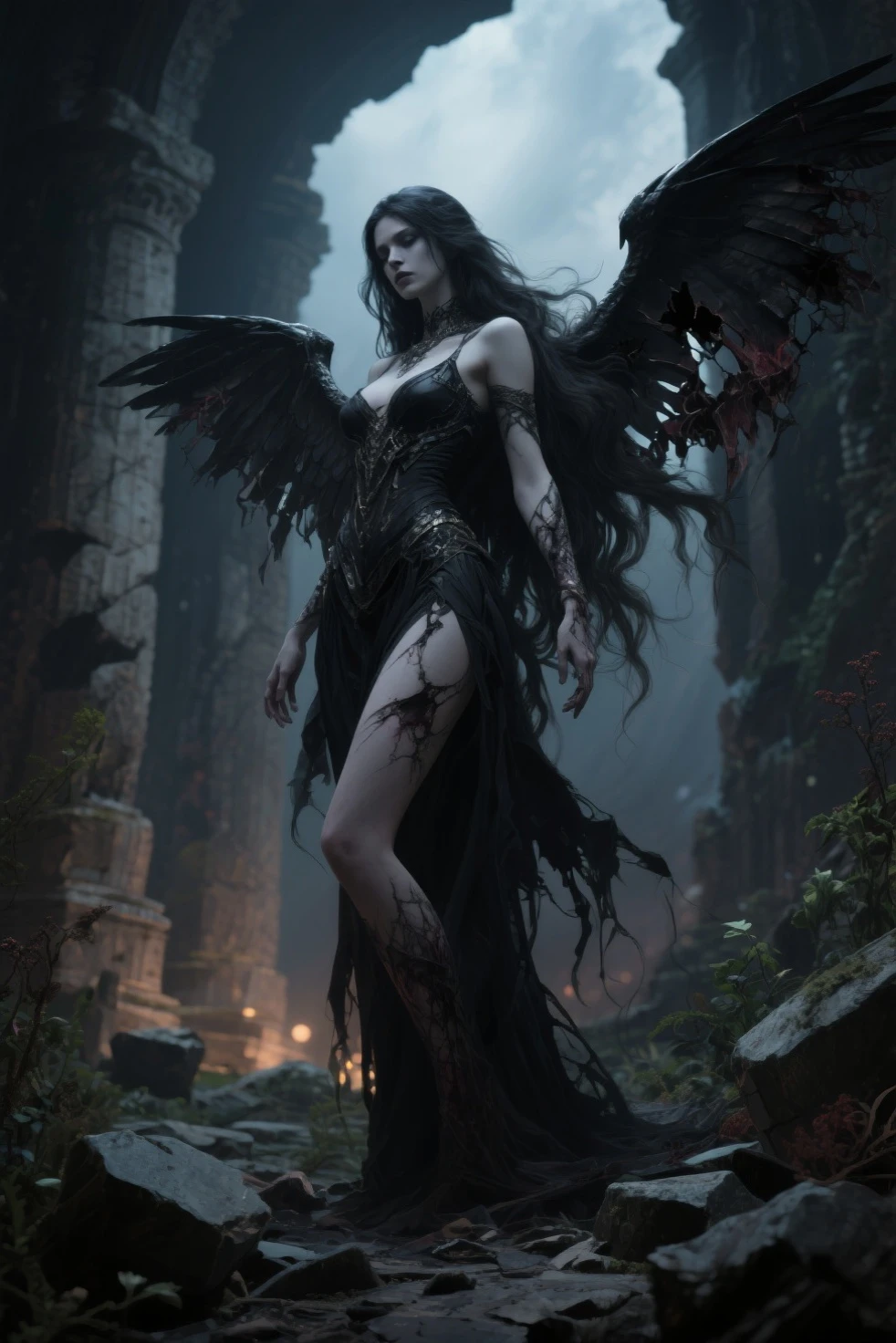 Imagine Female demonic creature with film texture, torn, worn and wet robes, glowing eyes, dark and cloudy night, thick fog covers from feet, old dystopian house, standing, highly detailed, glowing environment, abstract black oil, detailed grunge in grey, intricate complexity, gradation, iridescent effect, smoky transformation action, depth mapping, enhanced LED, graduated color:: --ar 9:16 --style raw