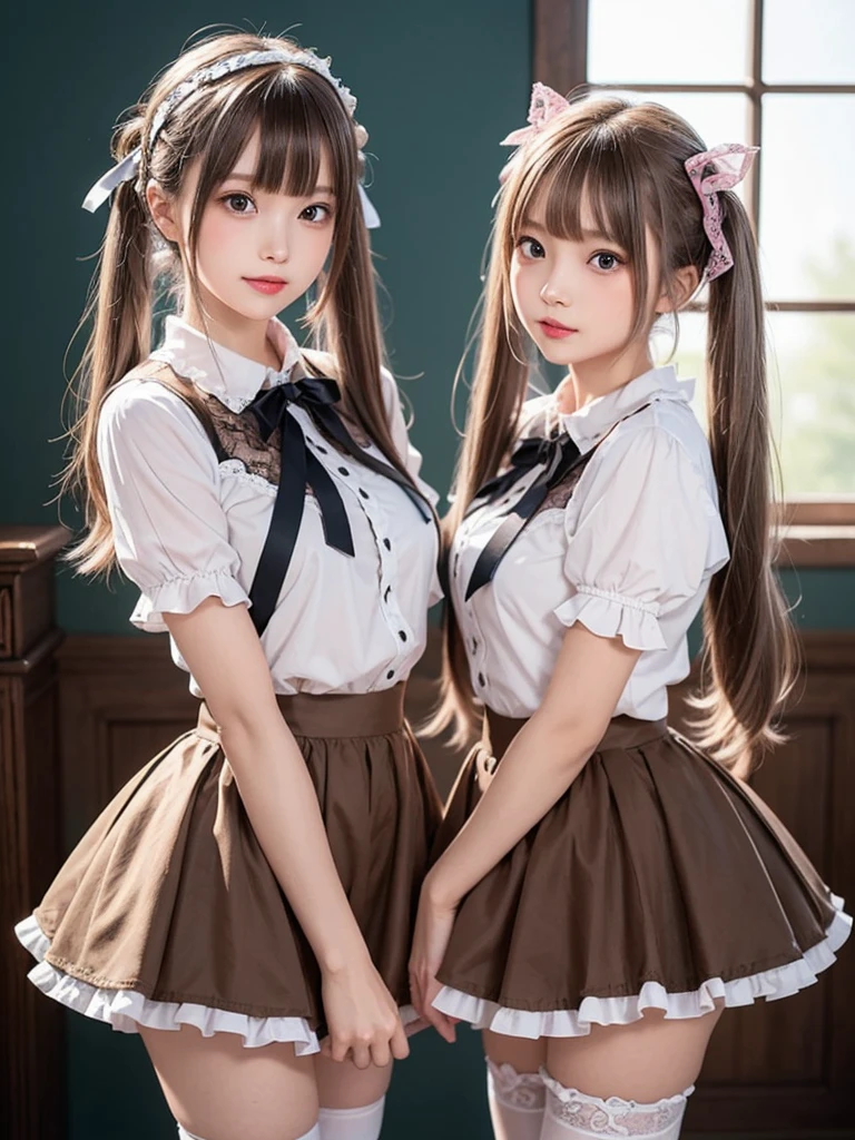 ((Top Quality,8k, 32k,Masterpiece:1.2)), girl , 2 girls , skirt, grin,