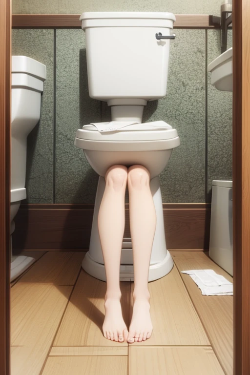 A Female robot is sleeping in bedroom, spread legs, nude, banzai pose. she wears no dress. She Brown short hair is tied with two big red clothespins, She lifts up the under hem of her white plain dress, leaning over, masterpiece, very short pigtails,brown hair, mature, android, blue eyes, full body figure, Height: 160cm, flushed cheeks, 2020s anime picture, A beautiful robot with short brown hair in two short pigtails held up by two very large huge red clothespins, Uplifting, No NSFW, whole body, barefoot, archaic smile, getting orgasm, 25 years old, sweat bucket. 