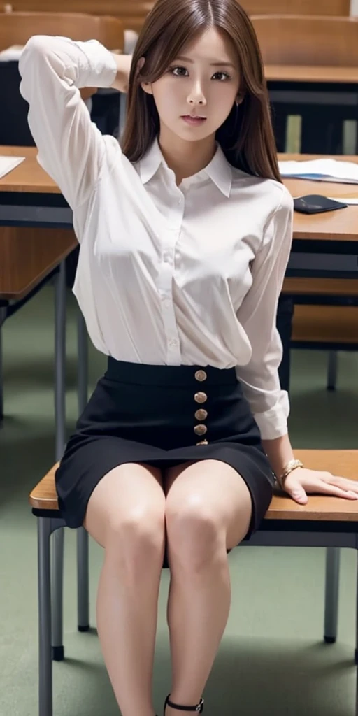 8K quality、High resolution、High resolutionの肌、Thin legs、Full Body Shot、Moist lips、Sitting at a desk looking at documents