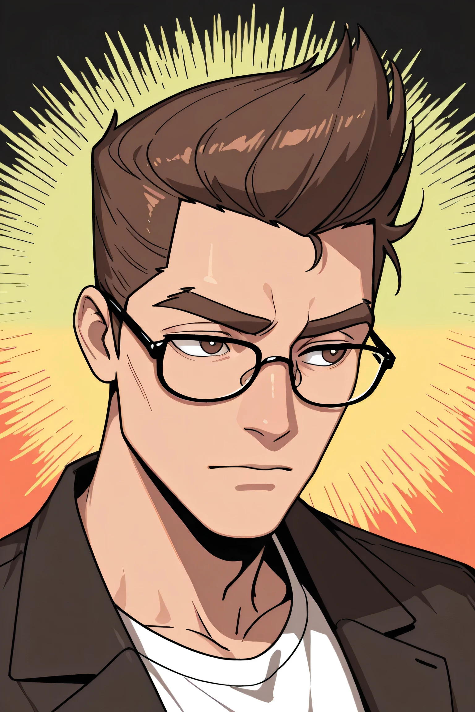 (best quality:1.1), (ultra-detailed), best illustration, (portrait:1.1), (cartoon drawing), oung man, (((boy))), alone, (medium quiff brown hair), (brown eyes with detailed prescription glasses with a black frame), (brown eyebrows), (wearing a shirt and a jacket), (champion), (simple background:1.2), full colorful background, bright, 4K.