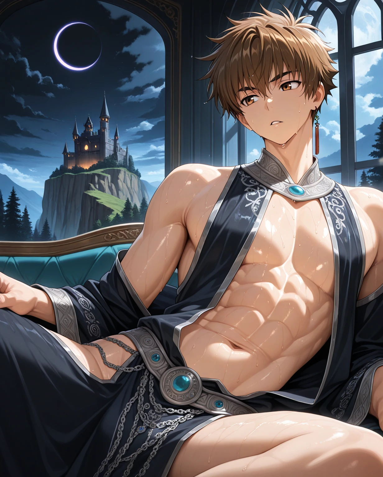 (absurdres, highres, ultra detailed), (1 solo male) 1 male, elf adult, handsome, tall slender guy, narrow eyes, narrow shoulders, finely detailed eyes and detailed face, messy shaggy black hair, side bangs, bangs, green eyes, sexy twink, shirtless, final fantasy 14, dog collar, full body shot, tired, in a compromised position, in a dirty old barn
