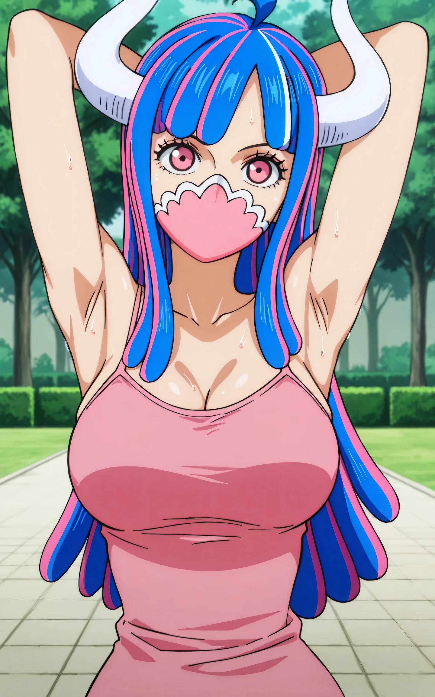 masterpiece, best quality, amazing quality, anime screencap, anime coloring, 1girl, solo, Ulti (character), curled horns, long hair, ahoge, pink hair, blue hair, multicolored hair, pink eyes, mouth mask, mask, pink tank top, spaghetti straps, skindentation, (sweaty:0.6), arms behind head, armpits, armpits focus, head towards viewer, looking at viewer, light source in front, outdoors, day, park