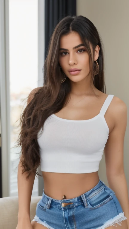 Fotografia natural de uma  bonita, usando um crop top solto, leaning over, long flowing hair, busto grande, Close your eyes on camera, symmetric eyes, symmetrical face, fotorrealista, fotografia, Rastreamento de caminho, specular illumination, volumetric facial light, path traced hair, visible shadows, intrincado, elaborar