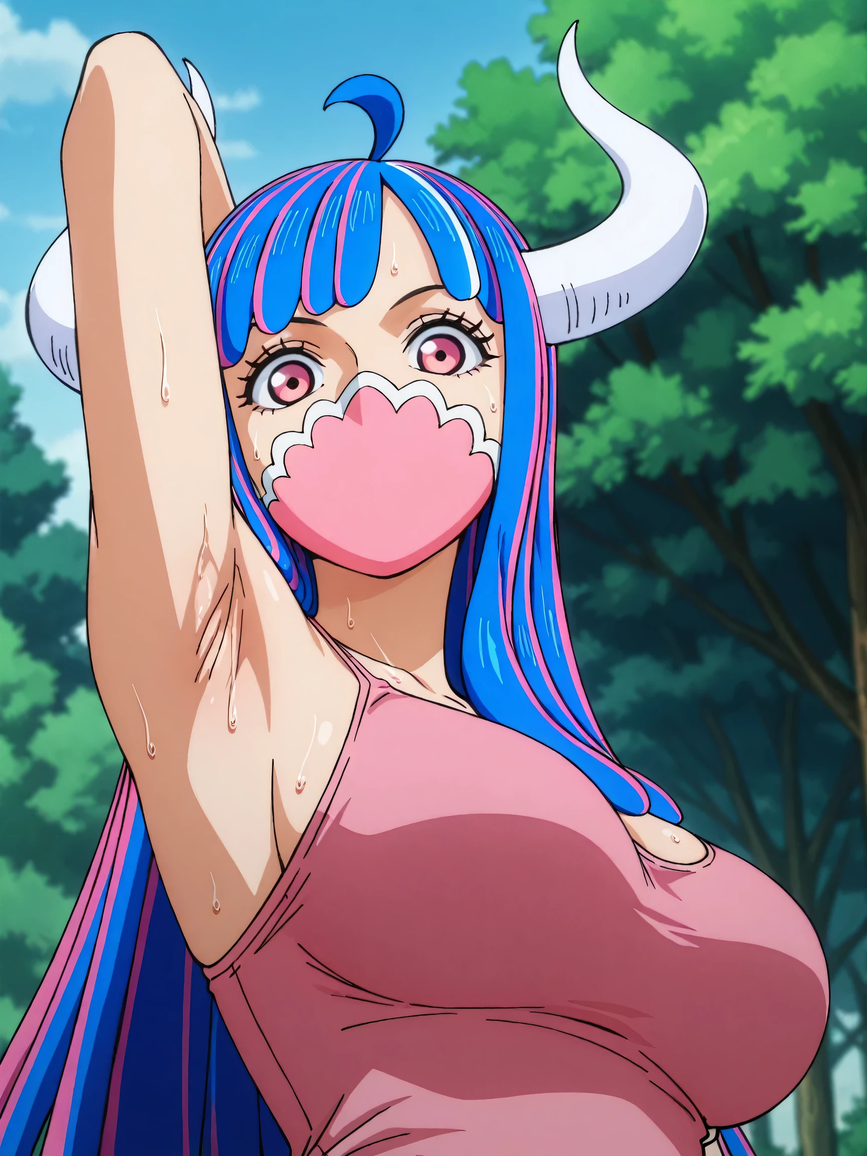 (masterpiece, Highest quality:1.4), Cinematic Light, colorful, High Contrast, (One girl), Alti OP, One Piece Anime, ((Large Breasts)), Multicolored Hair, Long Hair, Blue Hair, Pink Hair, bangs, horn, blush, Underarm, night, Blue Bikini