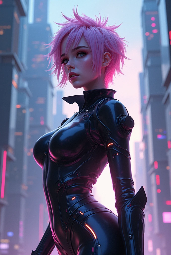 Award-winning photo from the waist up, mech punk outfits with short pink haired girl, tattooed, piercing, black leather, carbon fiber, battle status, hyper detailed, digital art, Cyberpunk style, cyberkinematic lighting, studio quality, smooth rendering, unrealistic rendering of the 5 engine, rendered octane, art style of Klimt and Nixeu and Ian Sprigger and Wlop and Krenz Cushart