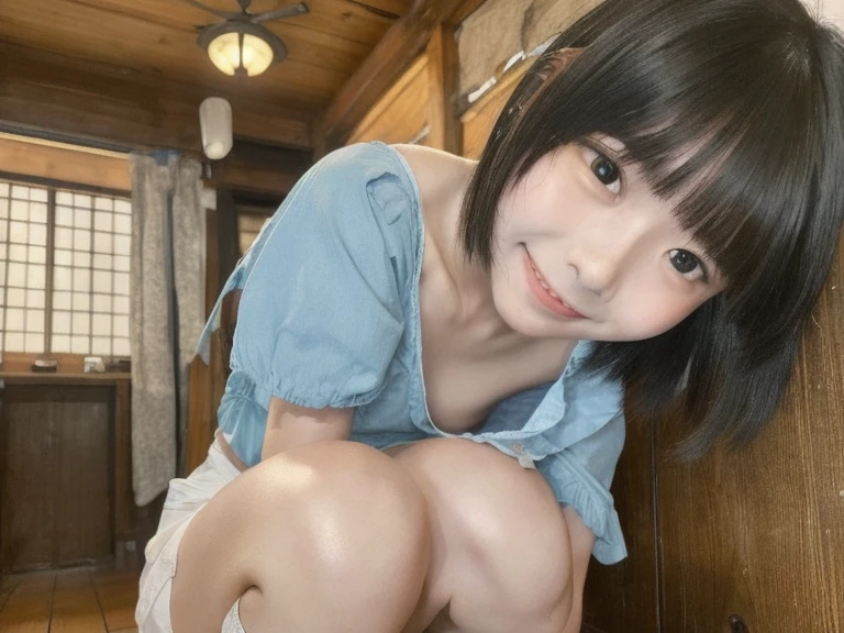 (One Girl:1.3), short hair, Japanese high school students, Great face and eyes, Looking into the camera, A joyful smile、Showing teeth、 (Highest quality:1.4), Very detailed CG 統合 8k 壁紙, Very detailed, High-resolution RAW color photos, Professional photography, Realistic full body shot, Studio shot、Plain Wallpaper, Portrait of sexy girl, Open exterior, (Looking down, View in Viewer:1.0), (From below:1.0),(((topless))),Pleated skirt,Thighs