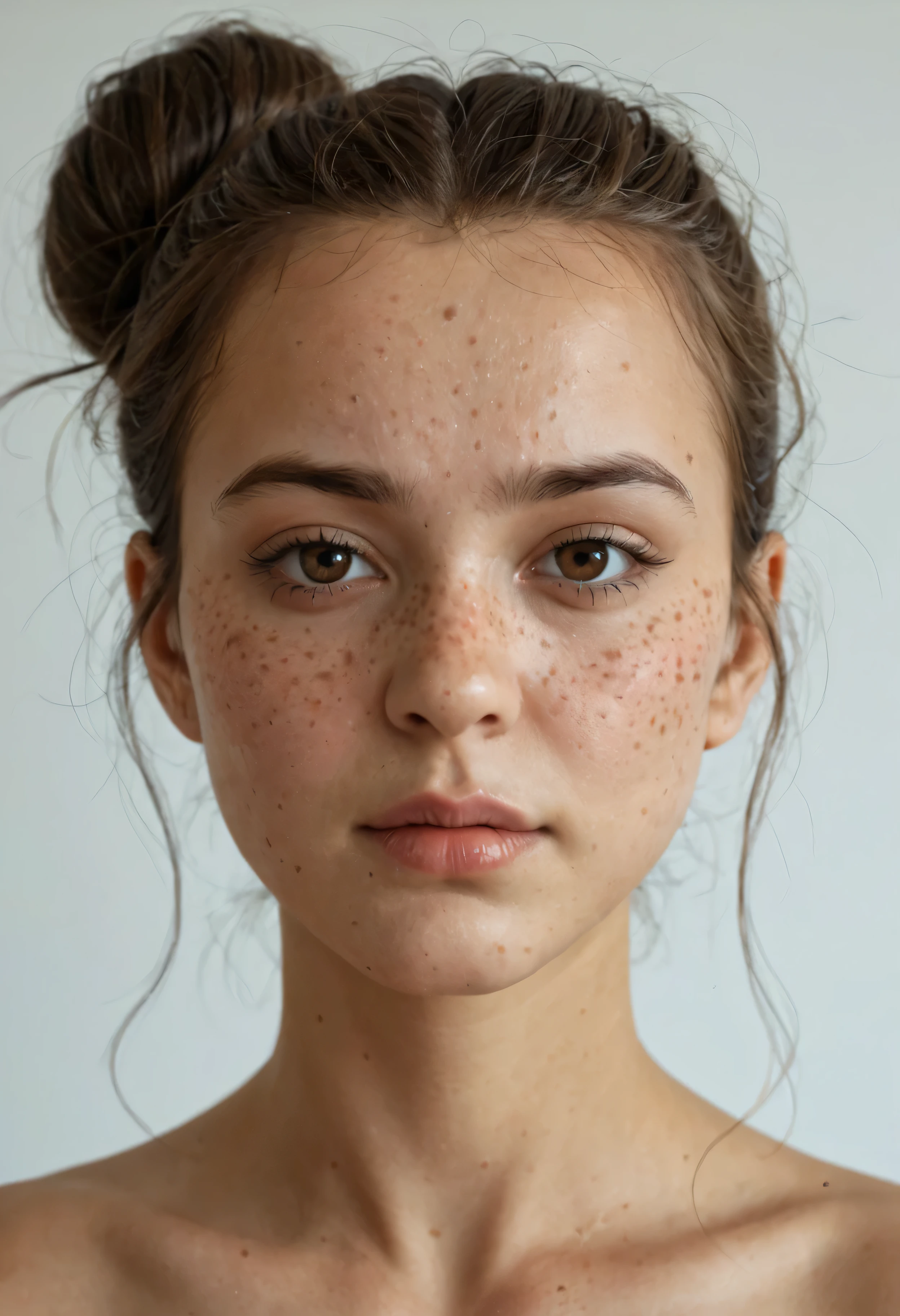 masterpiece, best quality, amazing quality, ultra realistic, soft lighting, freckles, messy bun, neutral makeup, beautiful face, neutral expression, detailed skin texture nude, neutral expression, shallow depth of field, natural background, Crie um rosto estilo personagem de jogo 3d realista unreal Engineer, OctaneRender de uma garota euro asian nua, rosto fofo, visão frontal, cabelos muito curtos penteados para trás. rosto lindo, pele perfeita, bochecha rosada suavemente avermelhada, sardas, lábios carnudos e rosados, pouquíssimos cílios, expressão neutral. qualidade excepcional, iluminação global de studio, personagem 3D, materiais PBR, skin bump details.