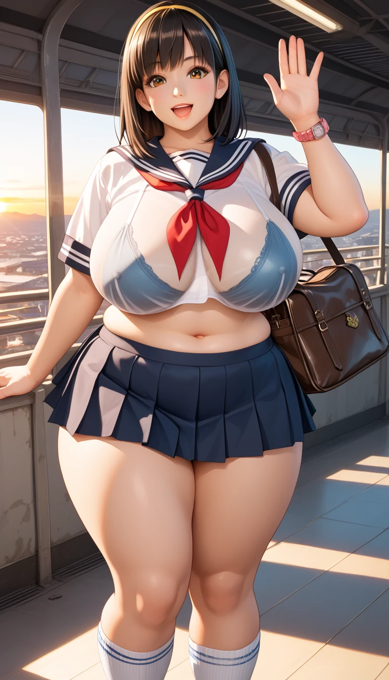 1girl in, Parted lips, blush, makeup, lightsmile, School uniform, Full body, Wide Angle, From above, crass room, llight rays, Glow, thighs thighs thighs thighs, 鎖骨, Narrow waist, (masutepiece), Wallpaper,Wet body、Micro lingerie that can be seen even over clothes、Drooling