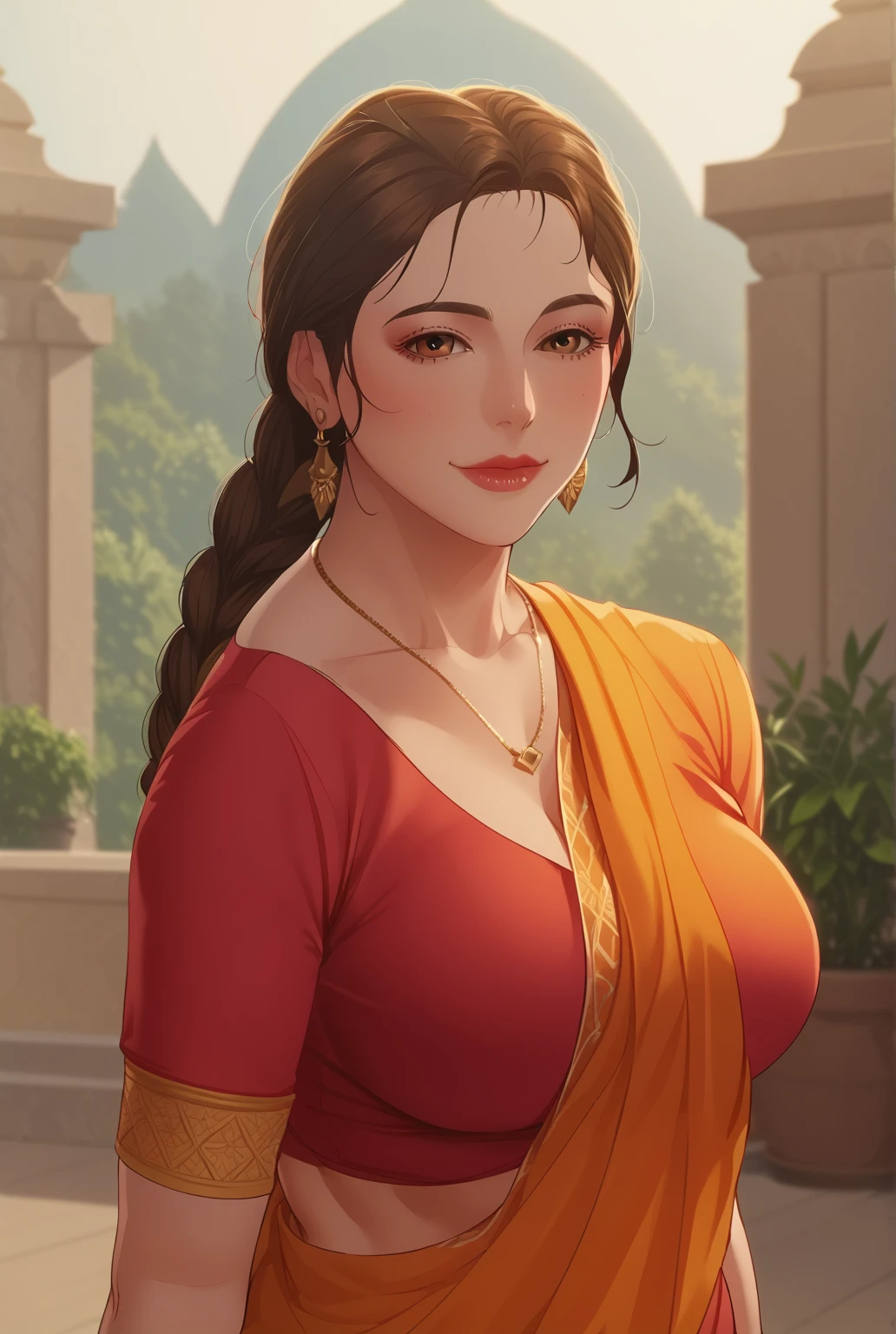 a mature lady with one braid hair, wearing aesthetic glasses, face makeup, red lipstick, saree, jhumka earrings, saggy breasts, intricate details, high quality, photorealistic, cinematic lighting, warm color tones, elegant portrait, cleavage,navel