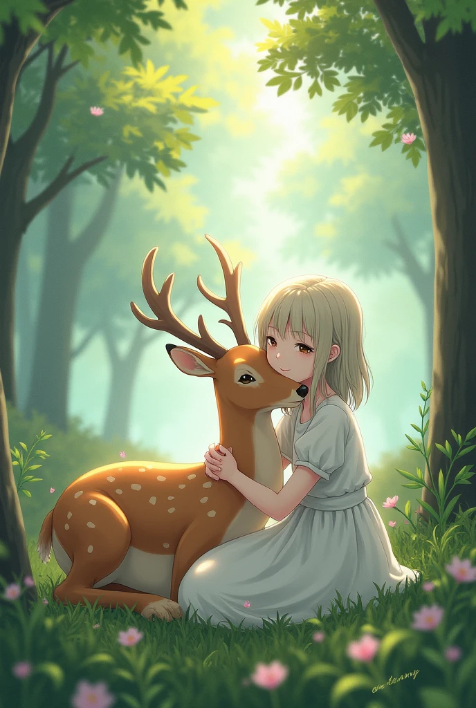 In the birch forest, there is a beautiful sika deer. Its antlers rose high, its body was covered with snow-white fluff, and its plump body shone with golden light in the sunlight. The little girl ran over excitedly when she saw the sika deer. She gently stretched out her hand and caressed the deer's fur, while the deer closed his eyes tolerantly, enjoying the caress of the little girl. The trees in the birch forest are tall and straight, with straight trunks and lush branches and leaves. The sunlight passed through the gaps in the leaves, casting dappled light on the sika deer and the little girl. In a quiet environment, the little girl and the deer lean on each other and accompany each other. The birds in the distance sang leisurely, as if singing for them. This is an extremely beautiful picture, which makes people intoxicated. The friendship between the sika deer and the little girl brought us warmth and emotion. The picture seems to span the edge of time, depicting a world of eternal harmony.