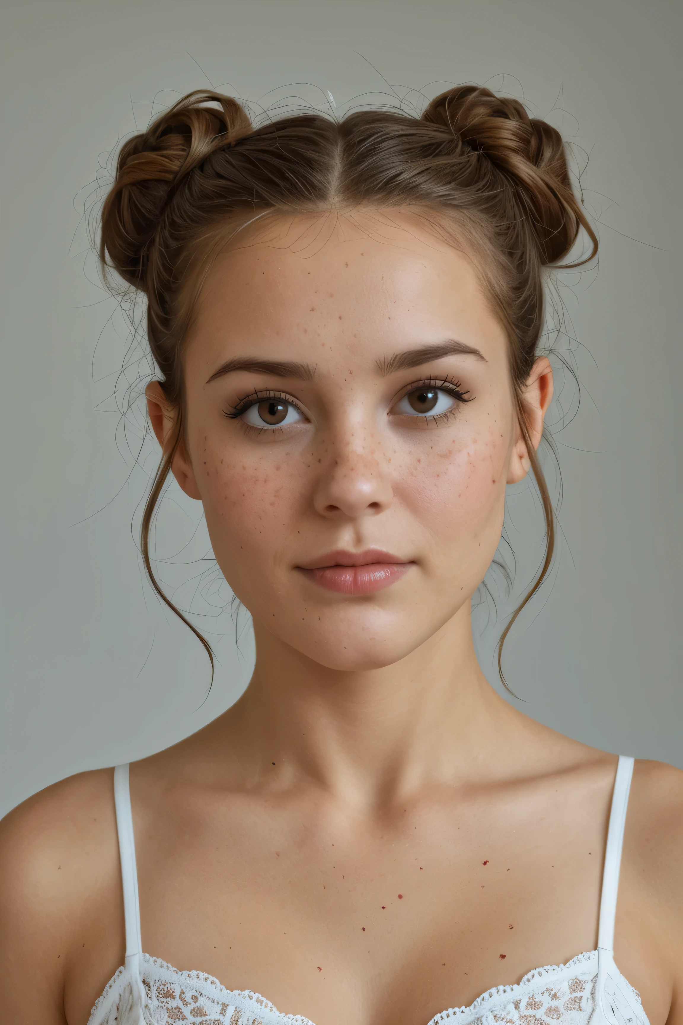 Fille caucasienne, yeux vert, petit nez, beau visage fin, masterpiece, best quality, amazing quality, ultra realistic, soft lighting, freckles, messy bun, neutral makeup, beautiful face, neutral expression, detailed skin texture nude, neutral expression, shallow depth of field, natural background, Crie um rosto estilo personagem de jogo 3d realista unreal Engineer, OctaneRender de uma garota euro asian nua, rosto fofo, visão frontal, cabelos muito curtos penteados para trás. rosto lindo, pele perfeita, bochecha rosada suavemente avermelhada, sardas, lábios carnudos e rosados, pouquíssimos cílios, expressão neutral. qualidade excepcional, iluminação global de studio, personagem 3D, materiais PBR, skin bump details.