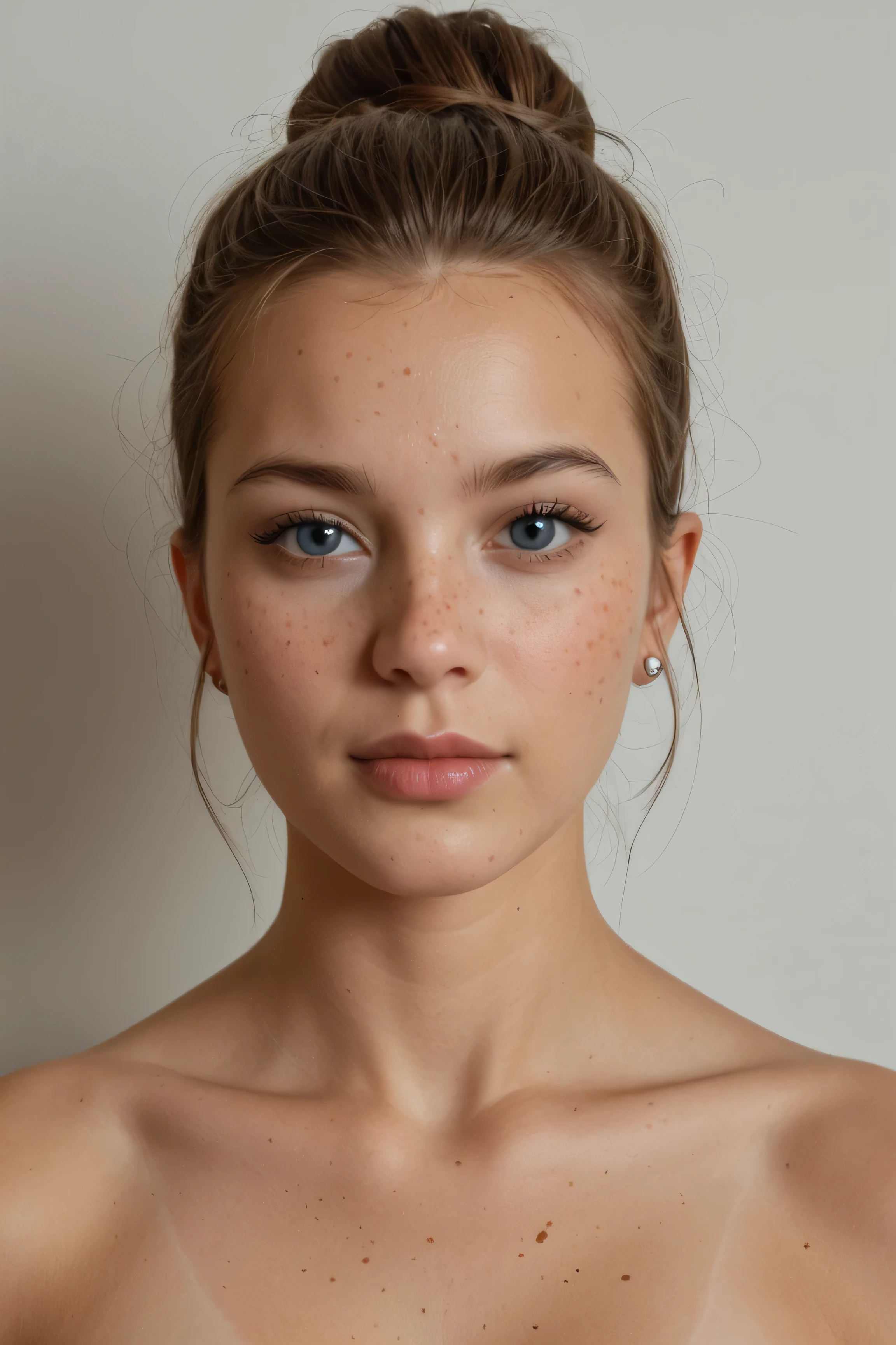 Fille caucasienne, yeux vert, petit nez, beau visage fin, masterpiece, best quality, amazing quality, ultra realistic, soft lighting, freckles, messy bun, neutral makeup, beautiful face, neutral expression, detailed skin texture nude, neutral expression, shallow depth of field, natural background, Crie um rosto estilo personagem de jogo 3d realista unreal Engineer, OctaneRender de uma garota euro asian nua, rosto fofo, visão frontal, cabelos muito curtos penteados para trás. rosto lindo, pele perfeita, bochecha rosada suavemente avermelhada, sardas, lábios carnudos e rosados, pouquíssimos cílios, expressão neutral. qualidade excepcional, iluminação global de studio, personagem 3D, materiais PBR, skin bump details.