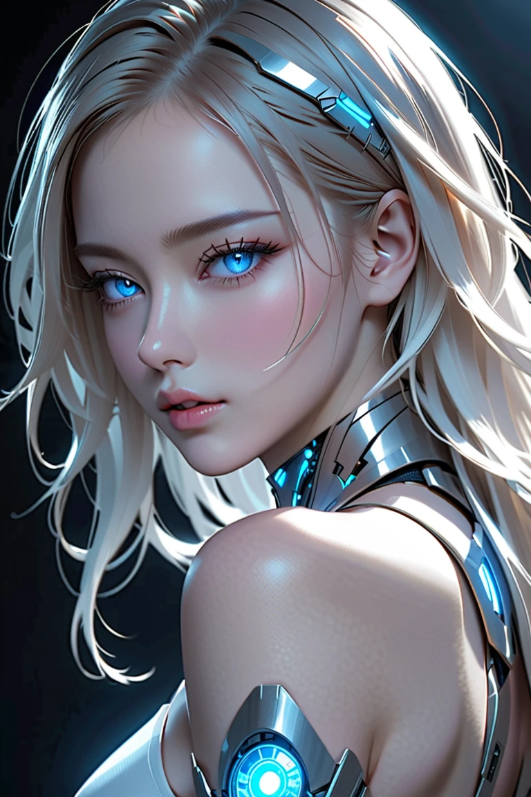 (Best quality, ultra realistic) 8k, retro futuristic look, dream aesthetic, dream atmosphere, 1 tall girl, beautiful cute girl, gothic makeup, light cyan_eyes, flushed cheeks, ((long hair color [Silver blonde hair], [pixie cut with bangs] hair)), earrings, lips, short sleeve, realistic, proportional waist, charming, colorful makeup, long eyelashes, very white skin, pale skin, clear skin, delicate body, natural breasts, proportional waist, hot hips, hot legs, natural tall body (cute), (cute face), Detailed eyes, Detailed iris. 