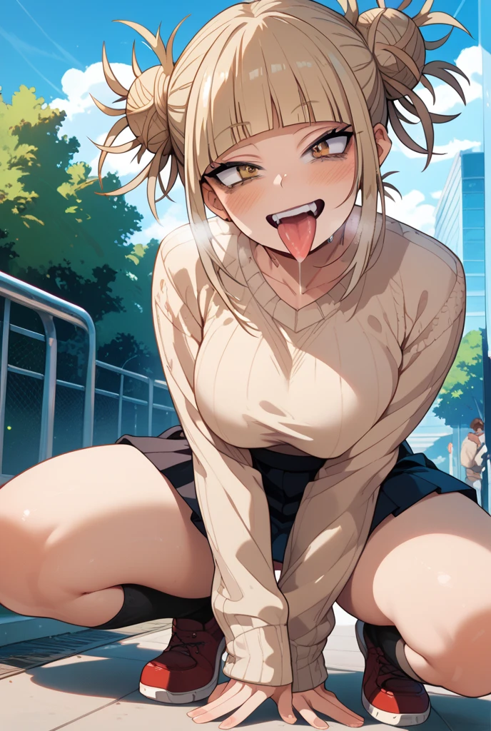 1girl, (Angle from below)、((On the balcony)), The girl bends forward to show off her breasts, (Blonde), (Tanned shiny Brown skin:1.3)、Glowing Eyes, ((evil grin)), (5 years old girl), Multicolored Hair、Cap, pink rip, ((((Long sleeveless shirt)), Black Bra、Sheer miniskirt、((Panties with horizontal stripes)), (small breasts), (jewelry))), (foot on penis), (close up penis), ((The girl is wearing sneakers)), (1boy), small penis, he is Amazon position, ((eject cum:1.6)), (footjob), 