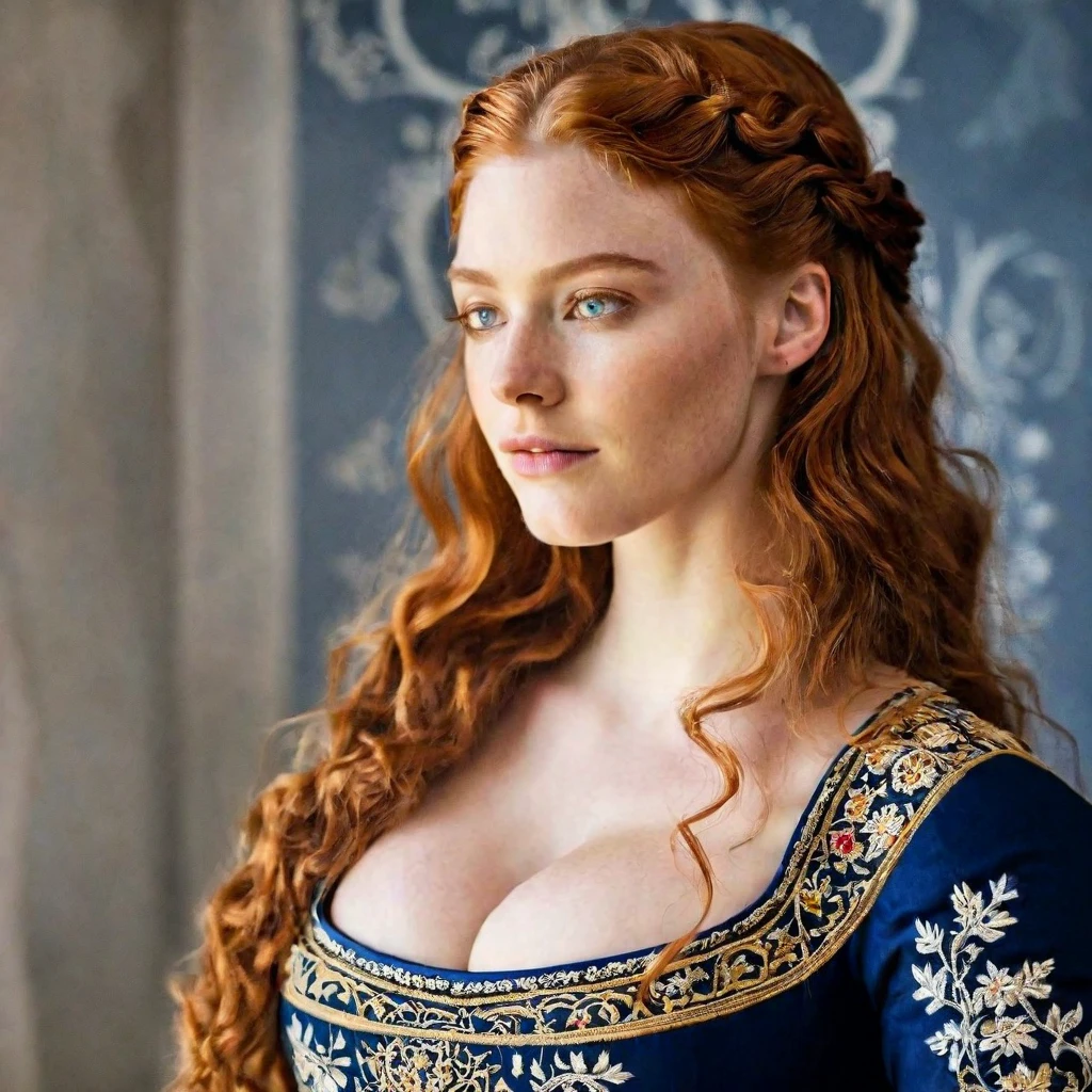 Face of Sophie Turner, Sansa Stark played by Sophie Turner, the de facto Lady of the Eyrie, is a 40-year-old mature queen with a stunning, alluring appearance. Full Face, pierced eyes, reddish lips, upper body shot, erotic Mediaeval costumes, game of thrones costumes, She wears a Game of Thrones-inspired costume and has a deep cleavage, a perfect thick body, and a perfect thick figure. The photograph captures her in a close-up, with her skin texture and facial features being ultra-realistic and realistic.