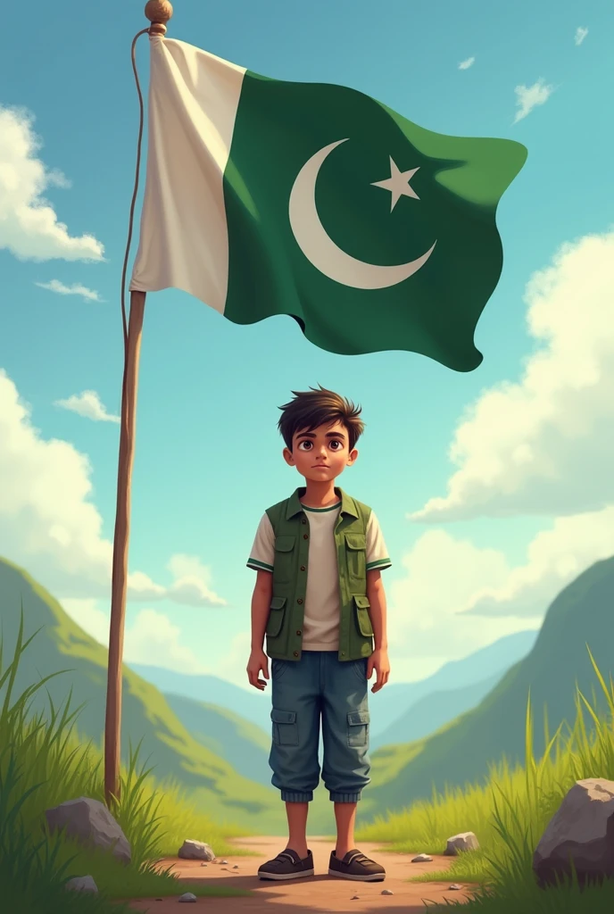 a teeen ager man whering shlwar qameez white and green standing with tha flag at the back wajiulhassan background acoordin to 14 agust with name waji ul hassan