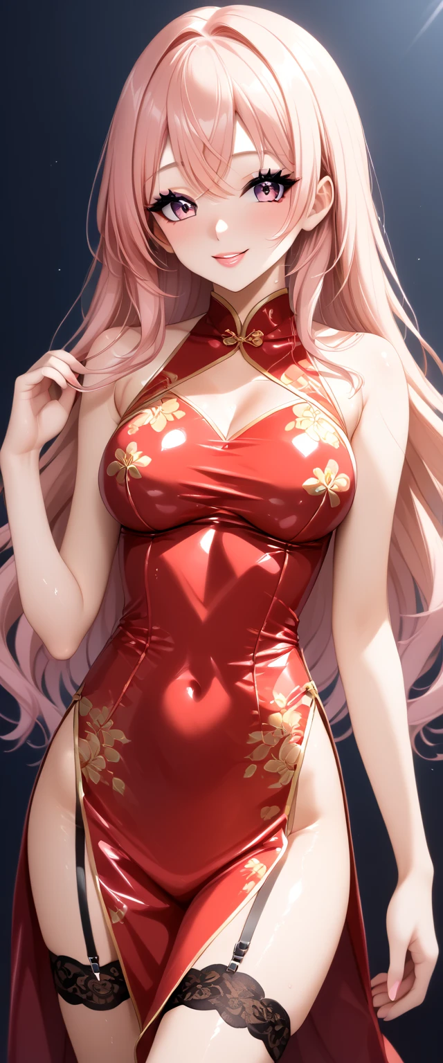 woman, pink hair, long hair, open forehead, no bangs, blue eyes, big breasts, red dress, long dress, thigh-high neckline, sequined dress, gloves, red gloves, open shoulders