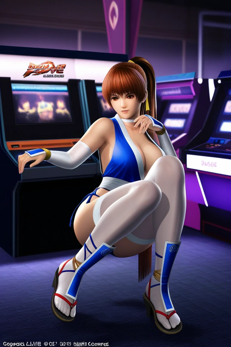 1girl, Kasumi,DOA, analog technology, mechanical delay, sitting,look back,play arcade game, arcade ,masterpiece, best quality, high quality, extremely detailed,anatomy correct,Blue pelvic curtain with white trim, creamy white yoga pants, brown eyes, brown hair, long hair, braids, large breasts, blue ninja suit with white trim,Red hair tie,realistic,3d,skin texture