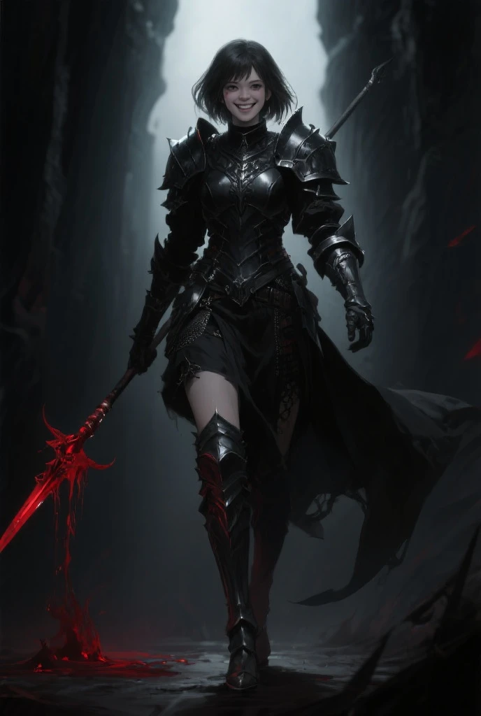 (((Best Quality))), (((Masterpiece))), ((Realistic)) ((full body shot)) slender cute  pale demon girl, pointing ears, (red colored eyes), (short stylish black hair), wearing demon armor (intricate details:1.5) holding a giant demon stylish scythe.