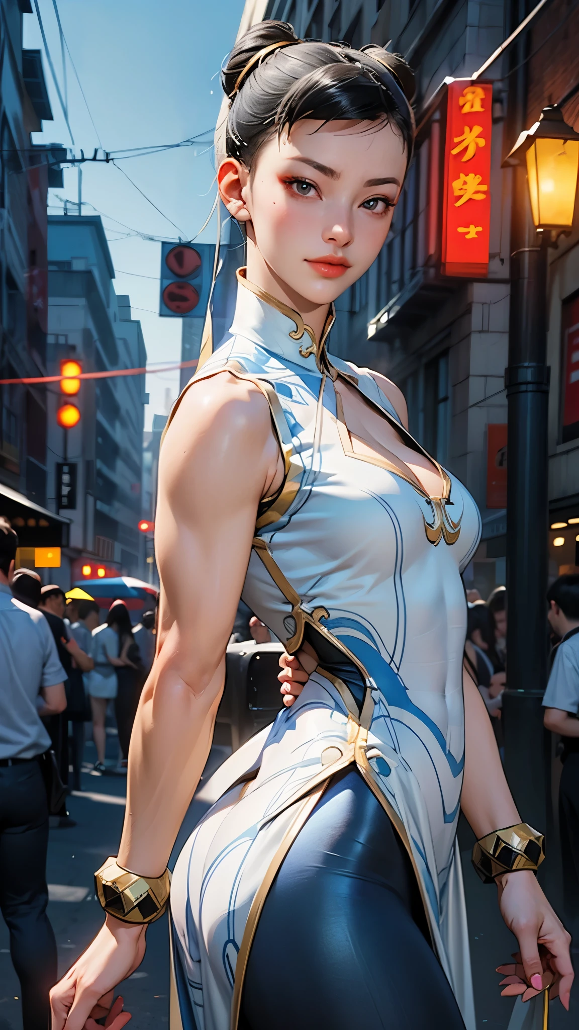 Solo, female, Chun-Li, standing, She looks down at her fallen enemy, Stylish pose, her hip, Front view, (shoot from below), concentration, serious, Detailed hair, detailed skin texture, detailed face, beautiful eyes, lips, makeup, detailed facial expression, a faint smile, sexy figure, ((large breasts)), sexy cleavage, ((athlete body, sexy midriff peak and abs, small butt)), (((wearing a blue top, diamond hole on chest, cleavage, sleeveless), BREAK black sexy leggings, thong straps are visible))), steam, high resolution, incredibly absurdress, 4k, 8k, best quality, viblant colors, intricate accurate rendering, perfect anatomy, extremely detailed artwork, night sky, night street, advertisement with dazzling neon, street fight, in background, ((((WhiteDress_ChunLi_ownwaifu))))