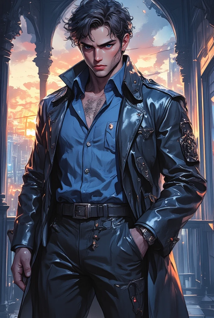 best quality, masterpiece, hyper realistic, extremely detailed, extreme close up of extremely handsome, rugged mature korean man, slim build, toned build, looks exactly like Sylus Qinche from "love and deepspace", bright red narrow eyes, silver hair, high middle parting curtain bangs, stoic stern expression, wearing an opened black leather riding jacket, exposed chest, tight black leather riding pants, boots, sunglasses on his head, standing outside open front door, at midnight, raining heavily outside, dark cinematic lighting, dramatic shadows