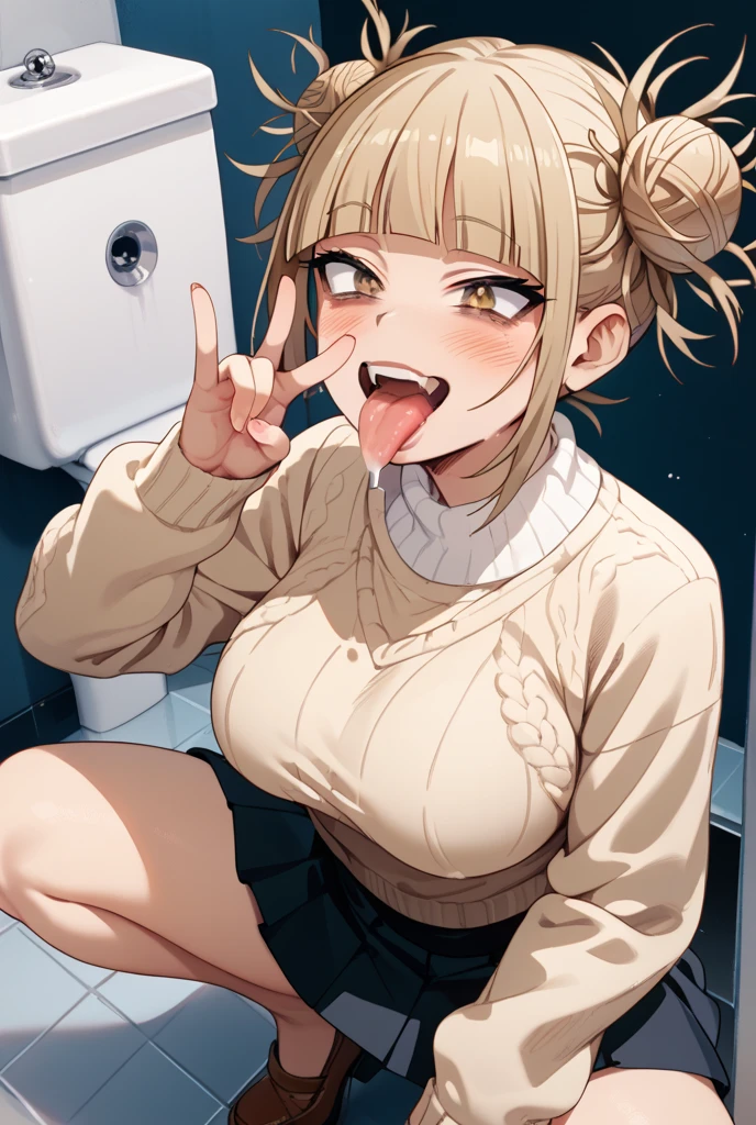 score_9, score_8_up, score_7_up, score_6_up, uncensored, miyako ishida, long hair, bangs, blonde hair, black hair, hair between eyes, green eyes, multicolored hair, two-tone hair, BREAK (masterpiece:1.2), best quality, high resolution, (detailed eyes:1.3), perfect lighting, (perfect hands, perfect anatomy), large breasts, sitting, indoors, head rest, from below, casual, ribbed sweater, table, fellatio gesture, tongue out, saliva, gasping, heavy breathing, blush face