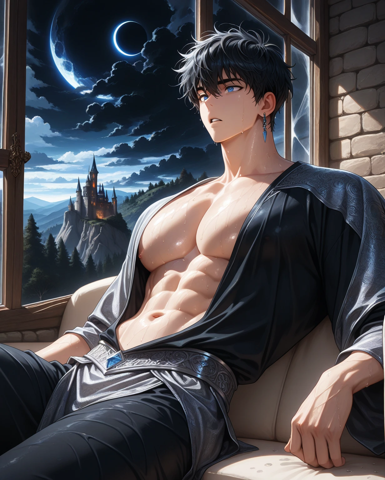 solo, MALE, sung jinwoo, parted lips, black hair, short hair, messy hair, blue eyes, athletic body, large pec, , handsome, single earring, Male Fantasy Clothes, black ancient god clothes with silver pattern, revealing toned  and navel, manly, sweating, wet of sweat, sit leaning on the sofa in the room, big window, black forest, big trees, castle, cliff, masterpiece, best quality, amazing quality, very aesthetic, absurdres, newest, black scenery, lunar eclipse, black cloud