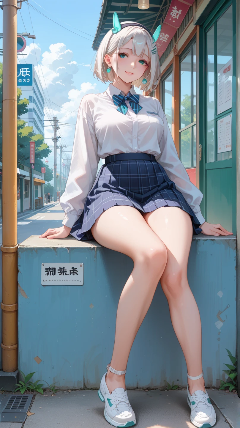 ((masterpiece)), (top-quality), (detaileds), (1 rapariga), (Panchira:1.2), It's a sitting bench, pink sailor suit,, (a closed mouth:1.2), irate,Big breasts、Show underwear、Disgusting face、The wind twists the skirt、Exposure of underwear、Spread legs,early morning,Red underwear,London,