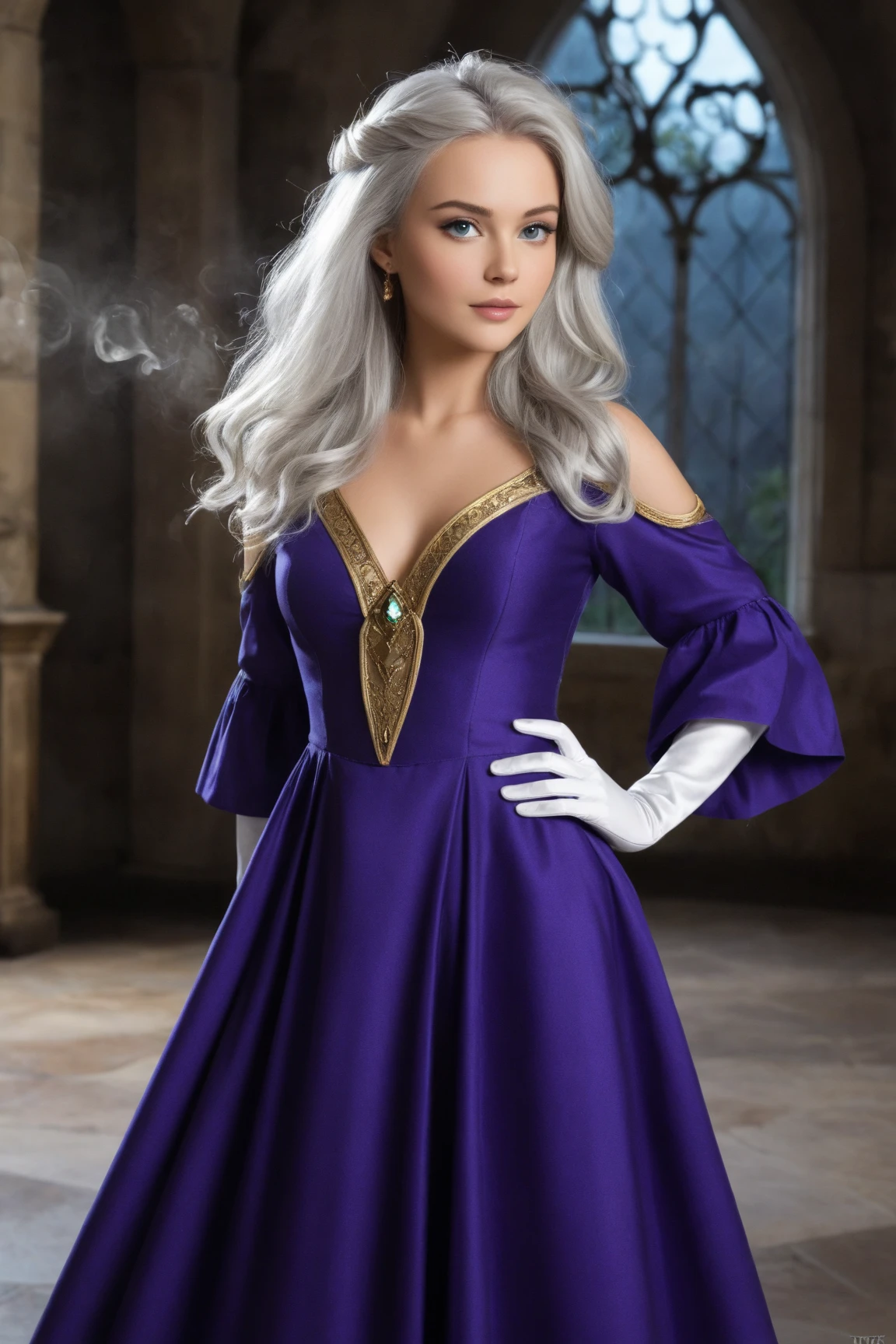 In an elegant, dimly lit ballroom, A beautiful young woman with medium-large breasts, thick white hair and bright blue eyes stands in the center of the room, wearing a long, flowing satin gown with a plunging neckline. Her hair is styled in loose, romantic waves, and the soft chandelier light highlights her features. The photo is captured from a wide angle, showing her in full length as she turns slightly to the side, her expression serene.