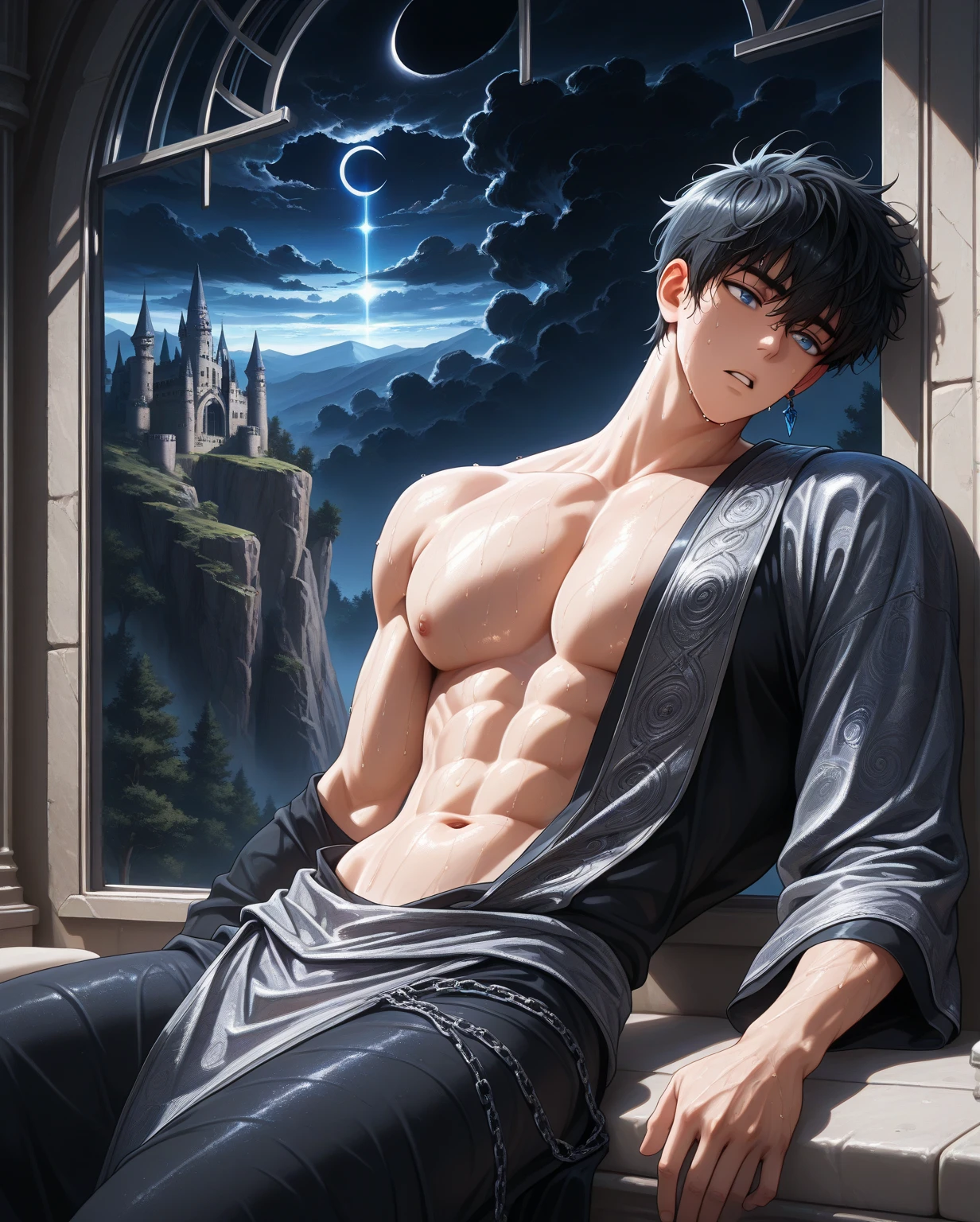realistic, masterpiece, intricate details, detailed background, depth of field, muscular, Photo of a handsome Korean magician, (Young Korean man looking like a K-pop idol), 25 years old, (white and short hair), voluptuous crotch, water spell, sorcerer, wearing a long hooded cloak, sexy muscular, wearing a thong, pectoral focus, watermaniac, white skin, pale