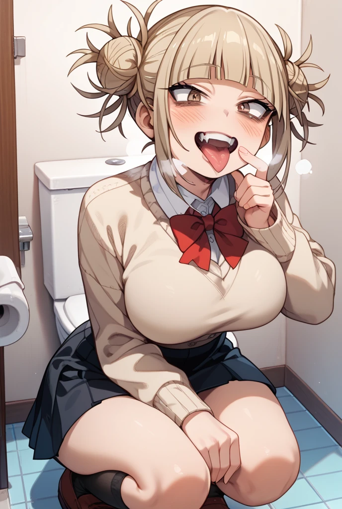 Short white hair, blue eyes, eyepatch, adorable smile, cute smile, skirt, sweater, gray sweater, big butt, big ass, wide hips, big thighs, thigh highs, femboy, feminine male, looking up at viewer, front view, lusty smile, shy, blush, blushing, fellatio, fellatio gesture, peace sign, open mouth, tongue, sticking out tongue, drool, short skirt, grabbing own ass, grabbing own butt,