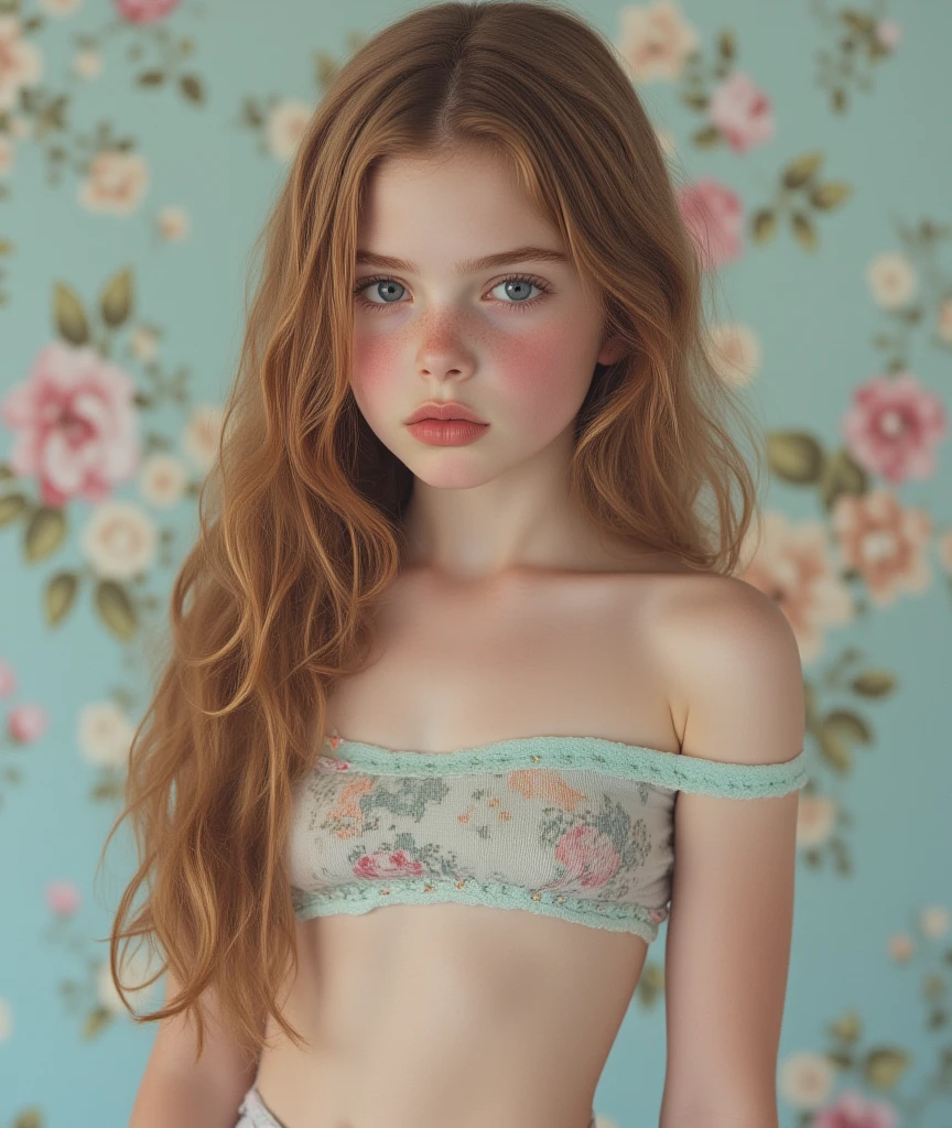 ultra realistic photograph, highly detailed photograph, intricate details, French beautiful prepubescent young girl, intricate skin details, gorgeous long light brown hair, beautiful blue eyes, pouting lips, aqua crop top off the shoulder, artistic background, pastel colours, beautiful photograph, mini skirt showing hips, (David Hamilton style)