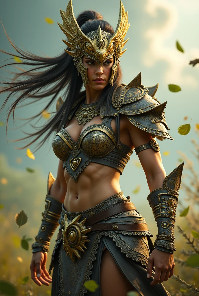 beautiful female half orc, with big thighs, nice hips, nice waist, big breasts, flowing hair, wearing animal skin clothes, iron armor and adorned with animal bones, 8k ultra realistic