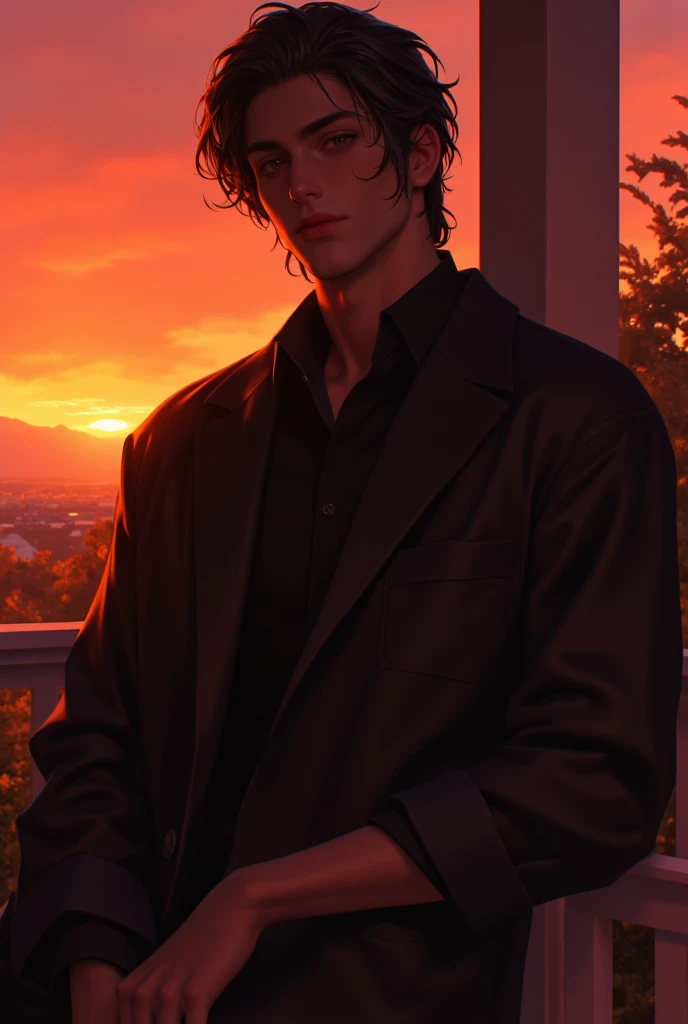 cinematic, (obra-prima), (best quality), (ultra-detailed), very aesthetic, illustration, realistic illustration, perfect composition, intricate details, absurdities, detailed face, (anime, obra-prima, intrincado:1.3), (best quality, high resolution textures, high detail:1.2), (4k),(incredibly detailed:1.4),detailed eyes, realistic shadow, 
((solo)), ((homem)), striking face, strong jaw, Robust body, random pose, located on a porch overlooking a sunset,
 Minimalist Fashion , posing for a photo,well-dressed and stylish man (loose and large clothes)