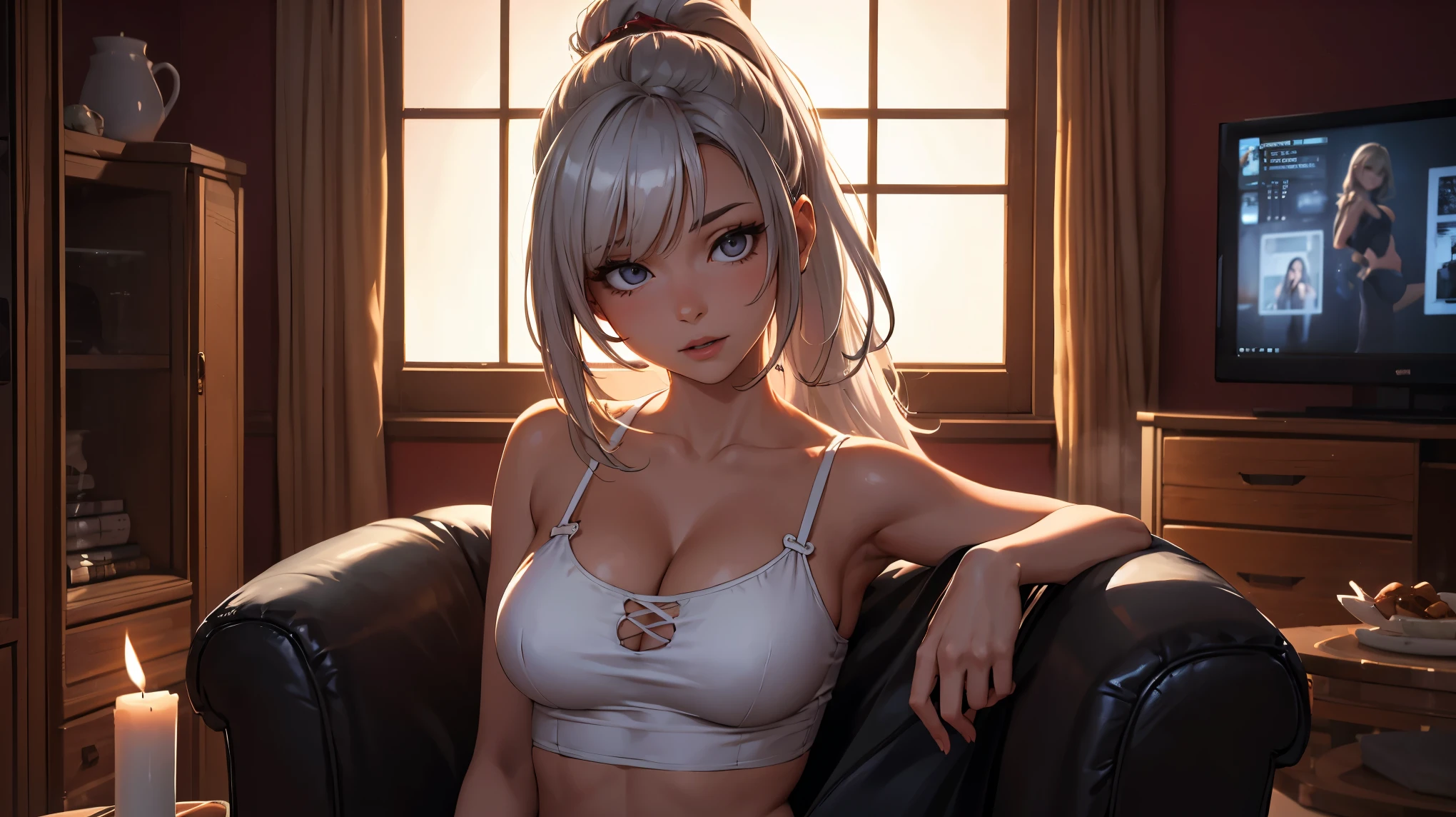 ((face, style)).((masterpiece:1.5))((alone、Woman wearing giant headphones:1.5、Detailed face、Big Eyes、Bright expression、small breasts, cleavage、Best Looks、Ultimate beauty、Shiny silver hair with highlights、明るい and shiny hair,、Modern Hairstyles、Hair dancing in the wind))(morning、indoors)Please look away from here、Beautiful profile、winter
