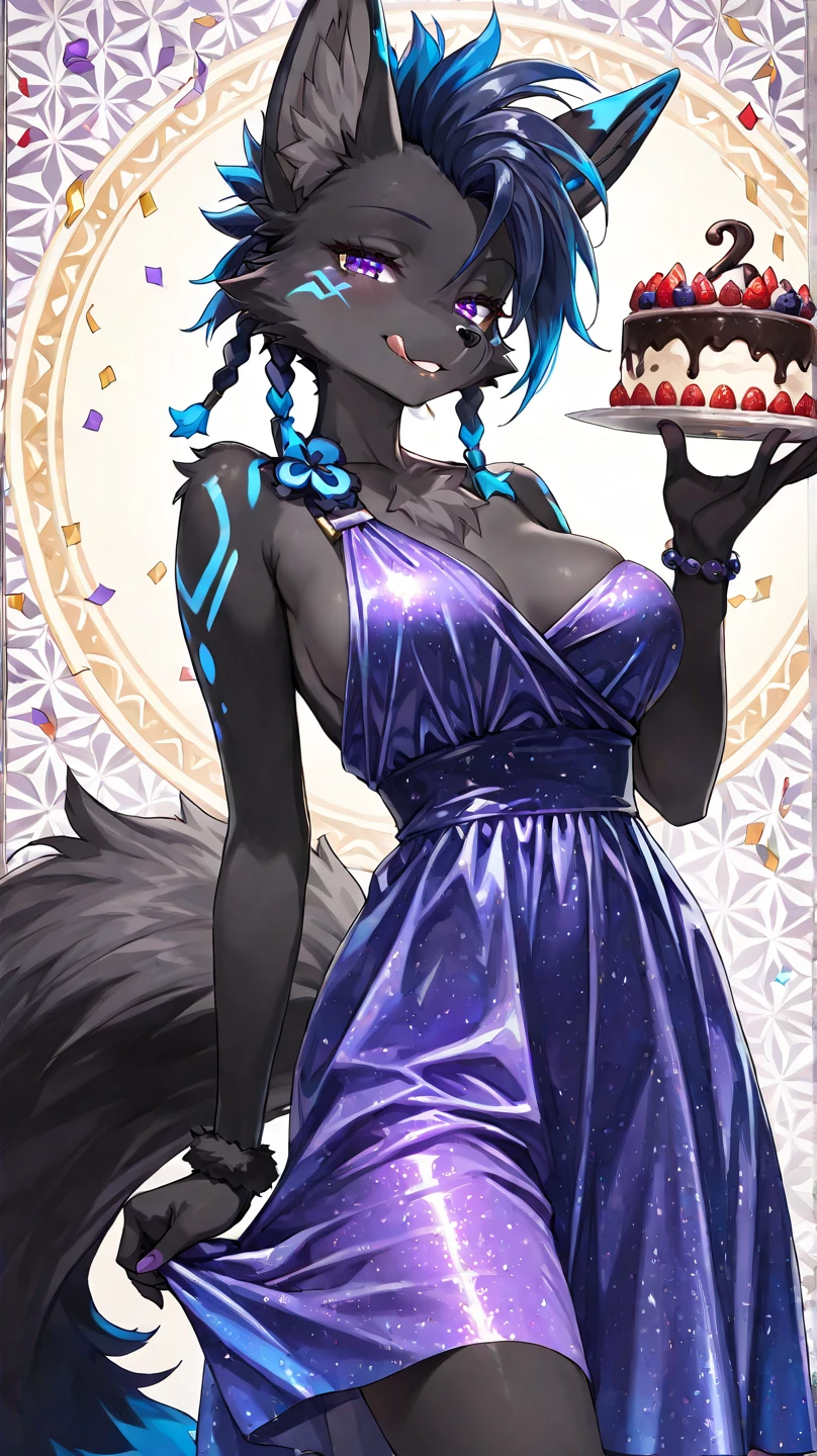 1Girl, red eyes, smile, Purple Hair, cat girl, birthday party, birthday cake, HappyBirthdayYuel text, huge breasts, cleavage, sideboob, huge butt, Purple fluffy tail, sexy, long tail, sexy dress, waruochi, japanese clothes, concept, concept dress, ribbon on the chest, "Happy Birthday Yuel" text, purple hair, purple hair, curtained hair, bangs, medium hair, fox ears, smile, anime, Wide-Angle, ray tracing, bloom, depth of field, anime style, anime, ((masterpiece)), 8K, highres, ((best quality)), super detail, award winning, anatomically correct