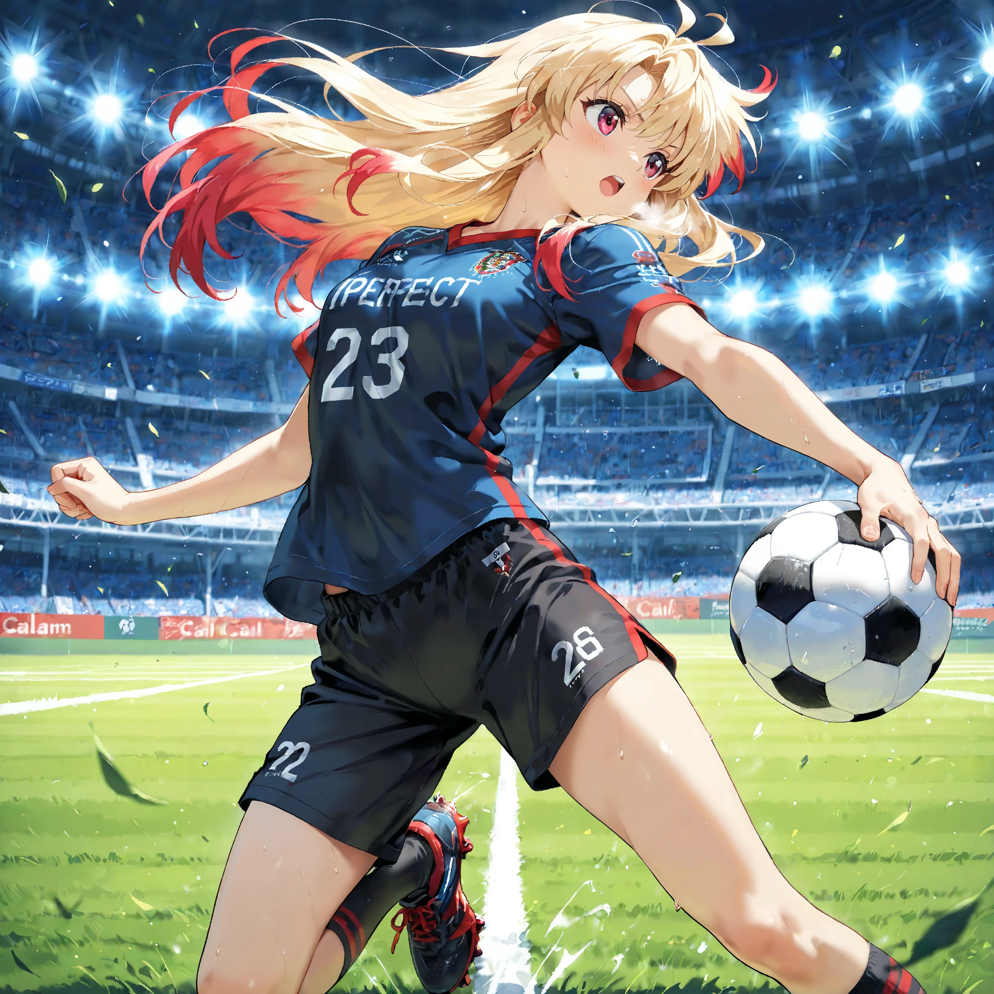 (8K, Raw photo, Best Quality, masutepiece:1.2), (Realistic, Photorealsitic:1.37),1 girl,Cute, (Solo),A detailed face, Dramatic Angle, ,soccer Uniform,Look away,Sporty,shoot a soccerball,Wet skin,Sweat,Large breasts,Nice　Legs,　　soccer venues ,